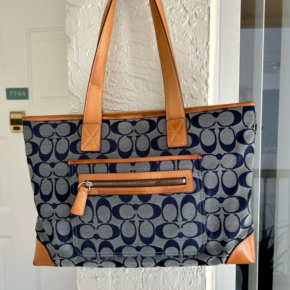 Coach Navy and Tan Signature Tote Zipper MSRP $248.